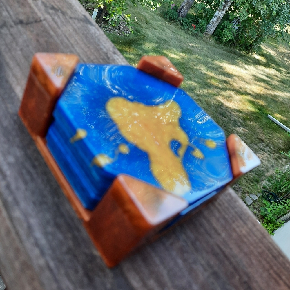 Blue & gold resin coasters & holder Set handmade
